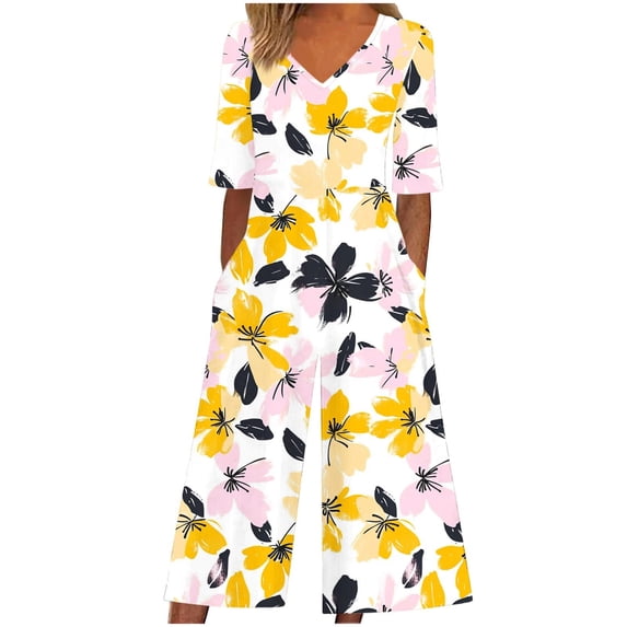 CHUMUD Womens Summer Jumpsuits Short Sleeve Wide Leg Long Pants Rompers Casual Floral One Piece Outfits with Pockets