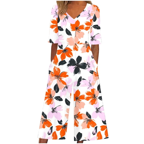 CHUMUD Womens Summer Jumpsuits Short Sleeve Wide Leg Long Pants Rompers Casual Floral One Piece Outfits with Pockets