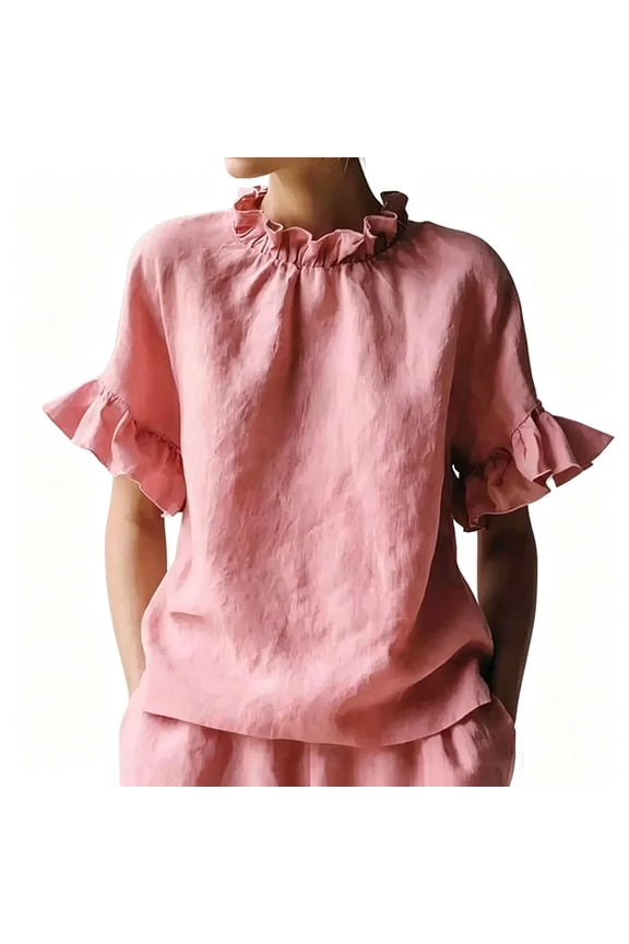 Womens Summer Short Sleeve Tops Trendy Cotton-Blend Ruffle Blouse, Casual Flutter Sleeve Top