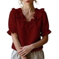 thumbnail image 1 of CHUMUD Womens Summer Short Sleeve Tops Trendy Ruffle Trim V-Neck Blouse, Casual Puff Sleeves Flowy Top, 1 of 7