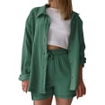 thumbnail image 1 of CHUMUD Womens Summer Shorts Sets 2 Piece Long Sleeve Button Shirt Top Jacket Lounge Tracksuits Casual Outerwear Office Work, 1 of 7