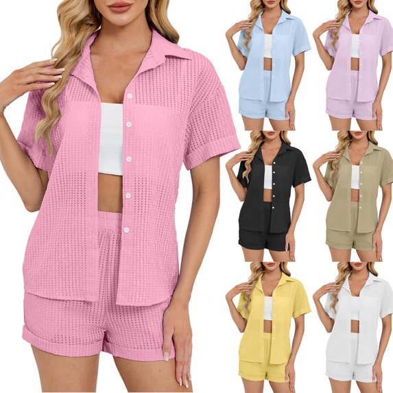 CHUMUD Womens Summer Shorts Sets 2 Piece Short Sleeve Button Shirt Top Jacket Lounge Hollow Out Cover Up Tracksuits Casual