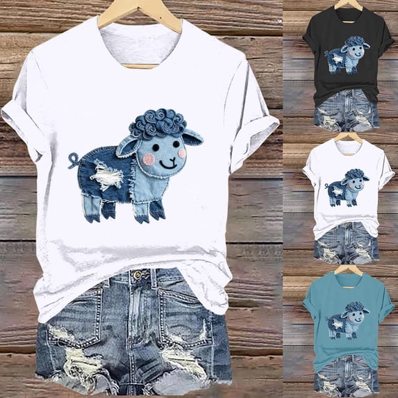 CHUMUD Womens Summer T Shirts Short Sleeve Crew Neck Sheep Tees Trendy Casual Loose Fit