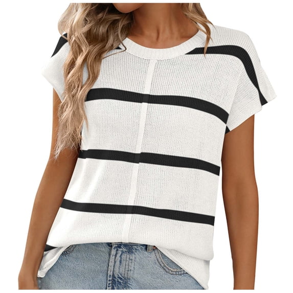 CHUMUD Womens Summer Tops Cap Sleeve Crew Neck Top Loose Fit Striped Knit Top Going Out Clothes