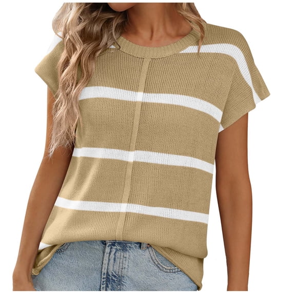 CHUMUD Womens Summer Tops Cap Sleeve Crew Neck Top Loose Fit Striped Knit Top Going Out Clothes