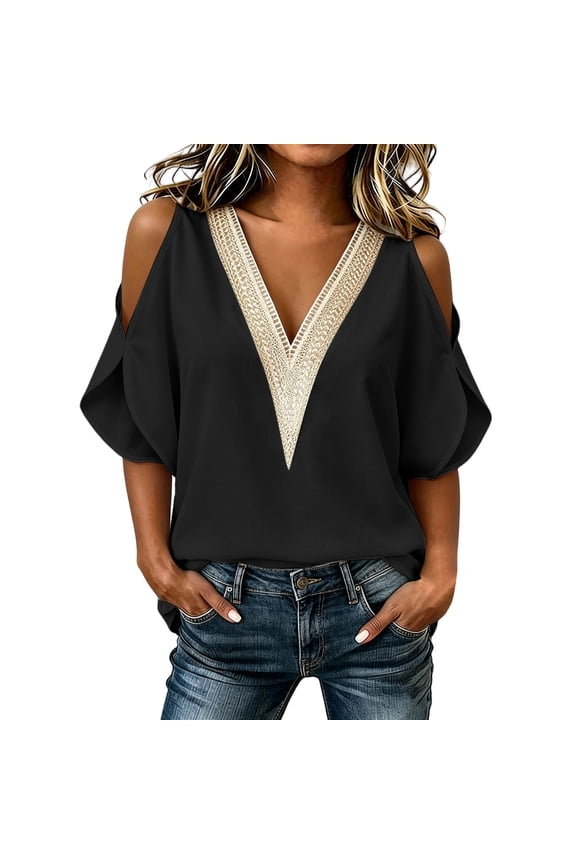 Womens Summer Tops Color Block V-Neck Batwing Sleeve Blouse, Casual Cold Shoulder Top