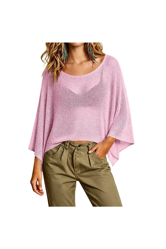 Womens Summer Tops Loose Fit Round Neck Flared 3/4 Sleeves Top Outings Vacation