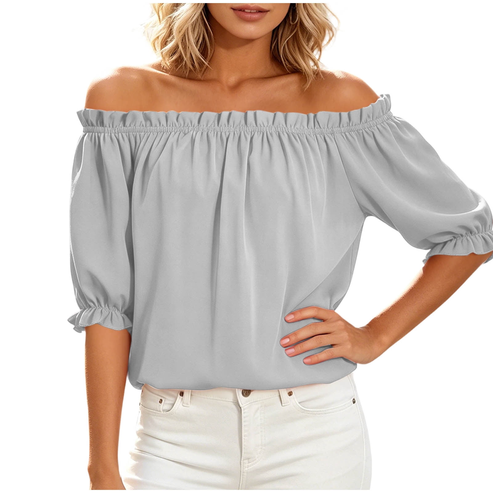 CHUMUD Womens Summer Tops Off-the-Shoulder Puff Sleeve Blouse