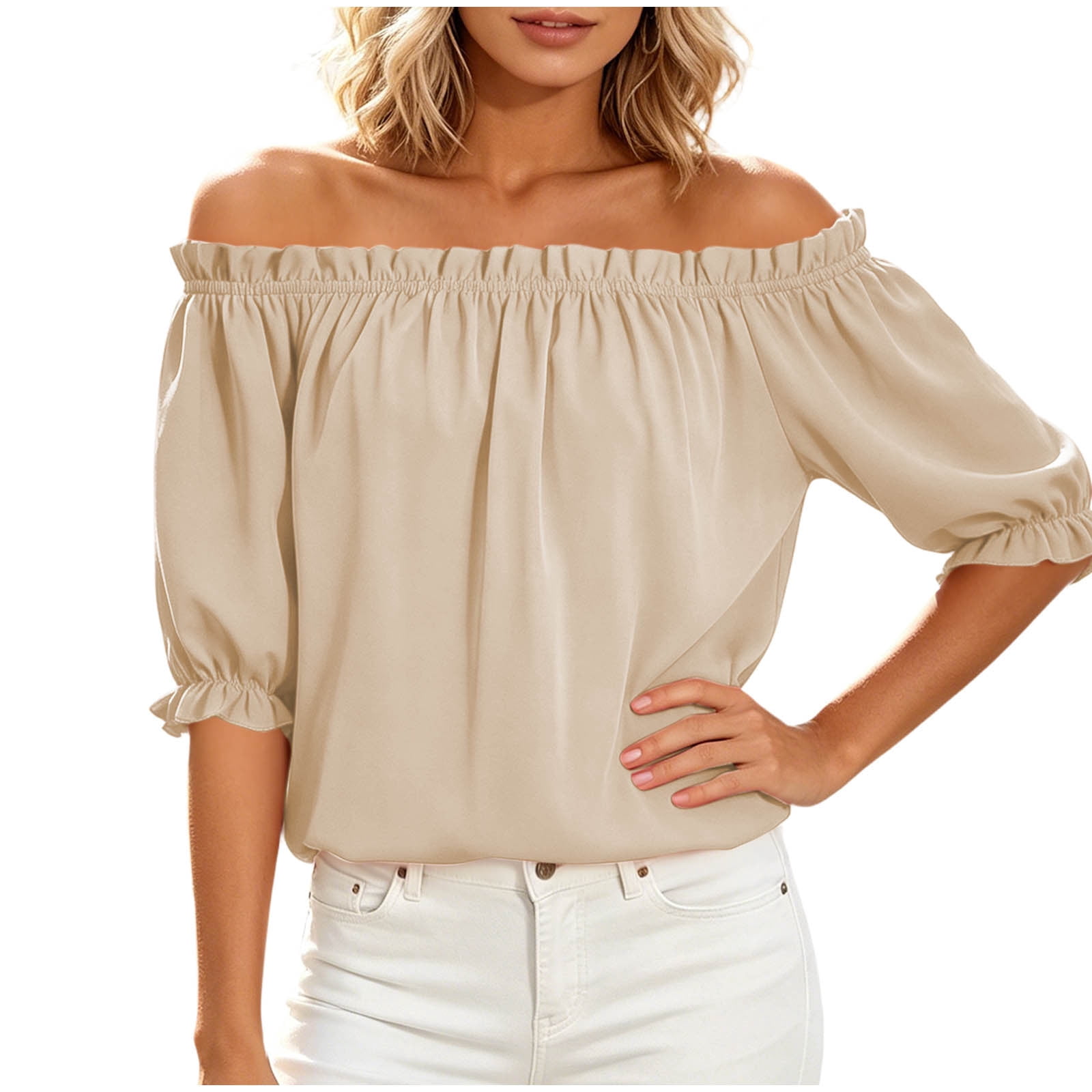 CHUMUD Womens Summer Tops Off-the-Shoulder Puff Sleeve Blouse