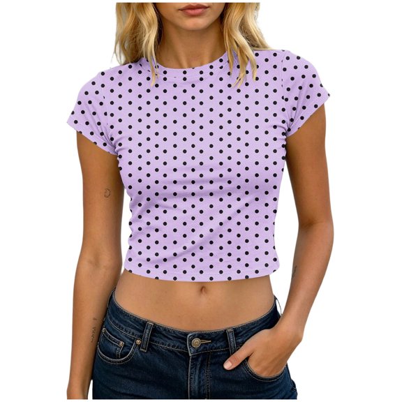 CHUMUD Womens Summer Tops Polka Dot Crop Top, Form-Fitting Short Sleeve T-Shirt Casual Going Out