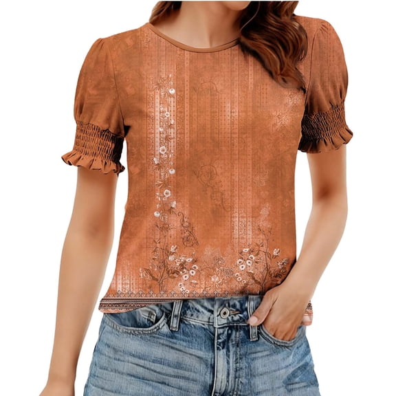 CHUMUD Womens Summer Tops Ruffle Short Sleeve Crew Neck Top Casual Floral Printed Blouse Loose Fit Spring Fashion