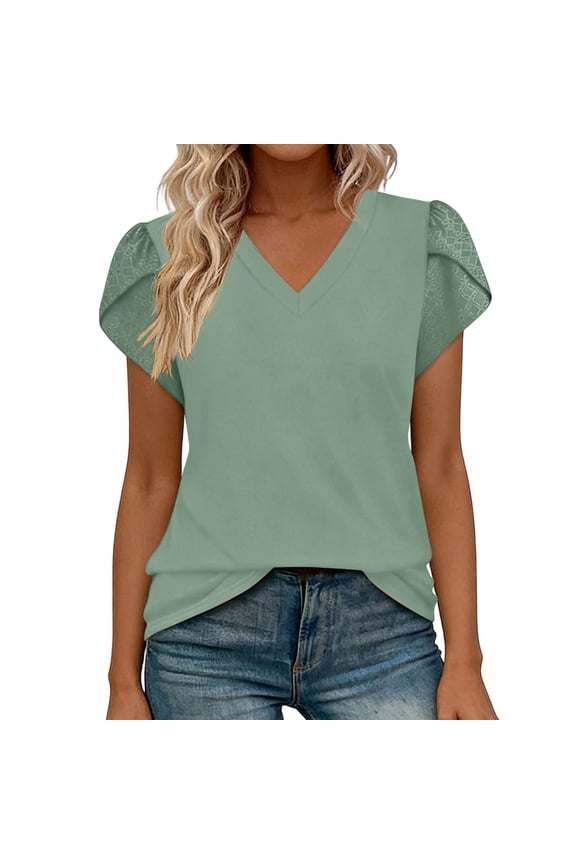 Womens Summer Tops Short Sleeve V Neck Blouse Casual Loose Fit Tee Spring
