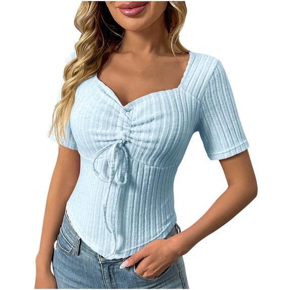 CHUMUD Womens Summer Tops Short Sleeve V Neck Ribbed Tees Bow Tie Trendy Casual Slim Fit