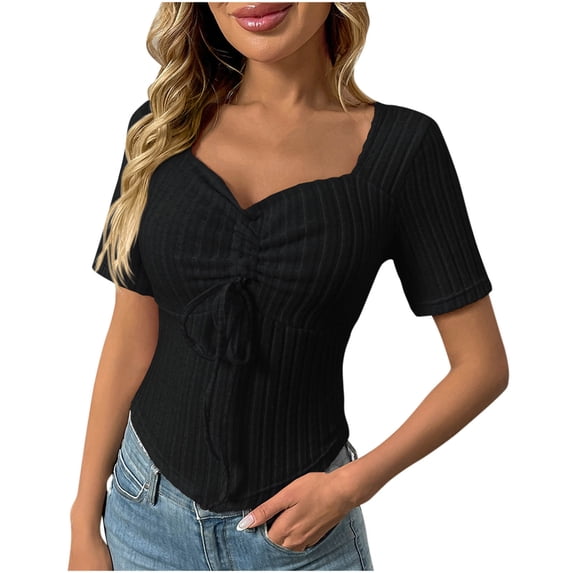 CHUMUD Womens Summer Tops Short Sleeve V Neck Ribbed Tees Bow Tie Trendy Casual Slim Fit