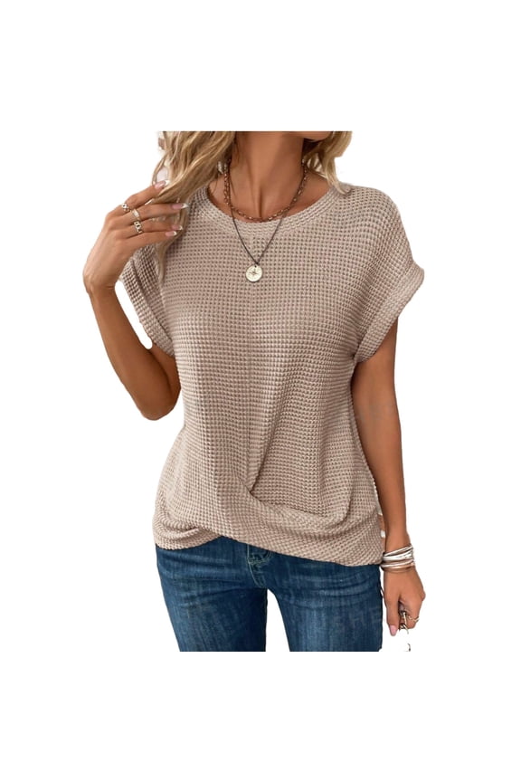 Womens Summer Waffle Tops Short Sleeve Crew Neck Top Casual Blouse Solid Color Loose Fit Spring Fashion