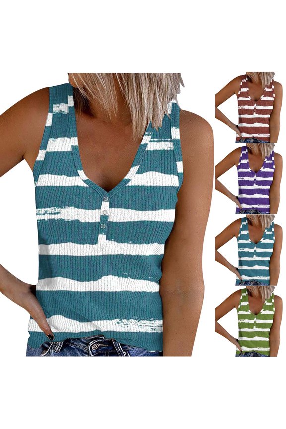 Womens Trendy Tank Top Sleeveless V Neck Snap Slim Fit Ribbed Knit Striped Summer Top Going Out Work