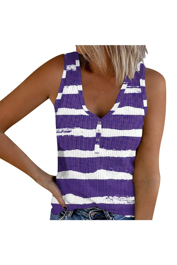 Womens Trendy Tank Top Sleeveless V Neck Snap Slim Fit Ribbed Knit Striped Summer Top Going Out Work