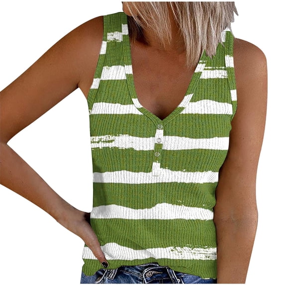 CHUMUD Womens Trendy Tank Top Sleeveless V Neck Snap Slim Fit Ribbed Knit Striped Summer Top Going Out Work