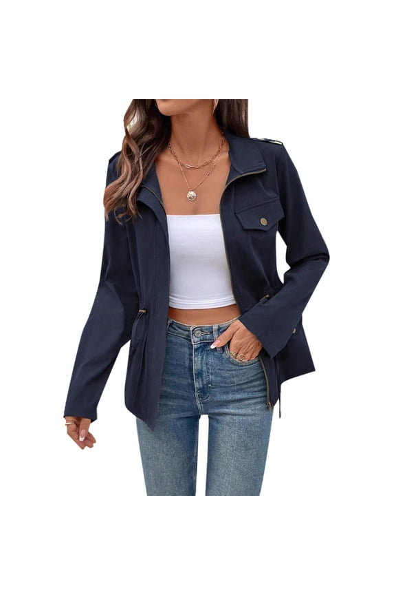 Womens Utility Anorak Jacket Lightweight Zip Up Street Style Coat with Snap Buttons Chest and Hand Pockets