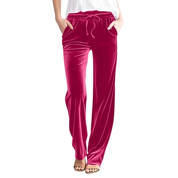 CHUMUD Womens Velvet Pants Straight Leg Dressy Velour Palazzo Work Pants Drawstring Waist Stretchy Soft Sweatpant Lounge Pant with Pockets Casual Fits