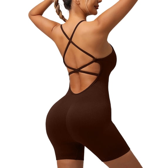 CHUMUD Womens Workout Outfit Built-In Bra Crisscross Back Tummy Control Butt Lifter Bodysuit Shorts, Seamless Activewear Romper Yoga Gym