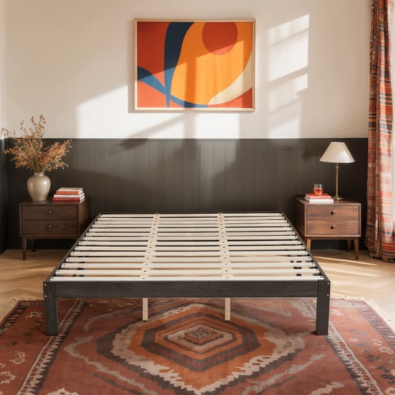 CHUN YI 12" Solid Wood Platform Bed Frame with Wooden Slats, Dark Gray, King