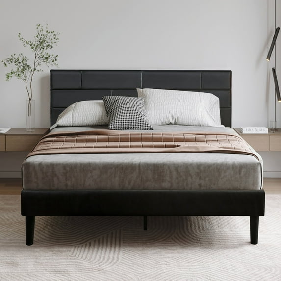 CHUN YI Queen Platform Bed Frame with Removable Faux Leather Upholstered Headboard, Wood Slats Support, No Box Spring Needed