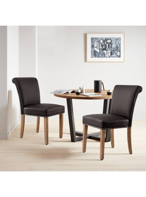 CHUN YI Set of 2 Urban Style PU Leather Rivet Decoration Dining Chairs with Wood Legs, Brown