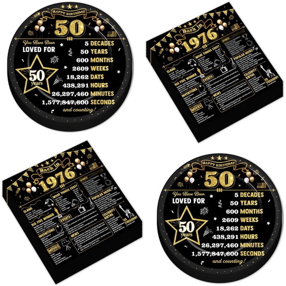CHUNNIN 50Pcs 50th Birthday Plates and Napkins Back in 1976 Party Decorations Black Gold 50 Year Old Party Dessert Plates 1976 Disposable Tableware for 50th Theme Men Woman Birthday Supplies Y114