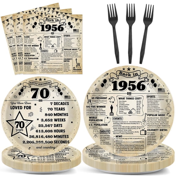 CHUNNIN 96Pcs 70th Birthday Plates and Napkins Back Party Decorations Vintage 70 Year Old Party Dessert Plates Birthday Tableware for 24 Guests 70th Theme Men Woman Bday Parties Supplies Y114
