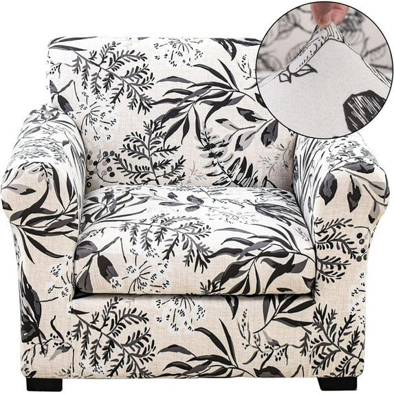 CHUNTIAN 2 Piece Chair Covers Stretch Arm Covers Chair Couch Covers, Armchair Slipcover with Separate Chair Cushion Cover, Floral Washable Chair Protector for Living Room (Armchair, Grey Flower)
