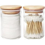 CHUNTIAN 4 Pcs Glass Holder with Wood Lids, 16 oz Apothecary Jars Cotton Swabs/Pads Dispenser Canister for Bathroom Storage Organizer