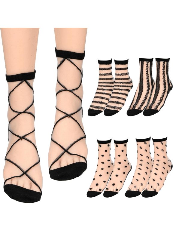 5 Pairs Sheer Socks Black See Through Socks Checkered Dot Striped Plaid Ankle Summer Socks for Women Thin Fashion