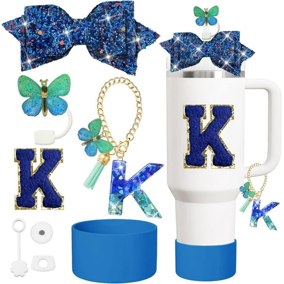 PTSPLLMY 8PCS Cup Accessories Set,Straw Cover Cap for Stanley Cup 30oz or 40oz,Sticker for Stanley Decorations,Initial Letter Charm Personalized (Blue K)