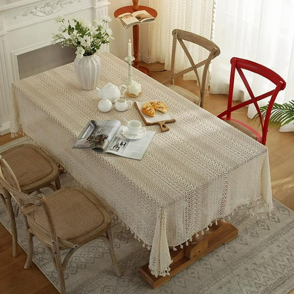 PTSPLLMY Beige Embroidered Crochet Hole Tablecloth with Tassels, Boho Stripe Geometric Tablecloth for Party Birthday Dinning Table Cloth, Rectangular 59"x80"