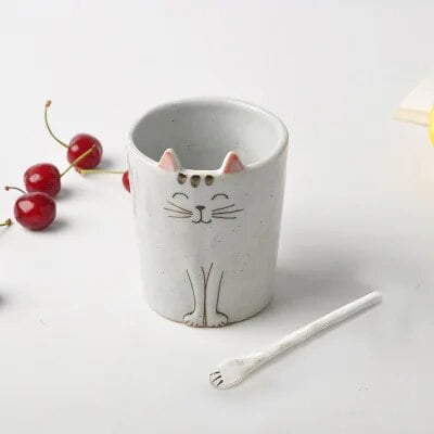 PTSPLLMY Cartoon Cat Plate Korean Handmade Ceramic Dish Cup Steak Breakfast Home Kitchen Supplies Pottery Salad Coffee Mug Tableware
