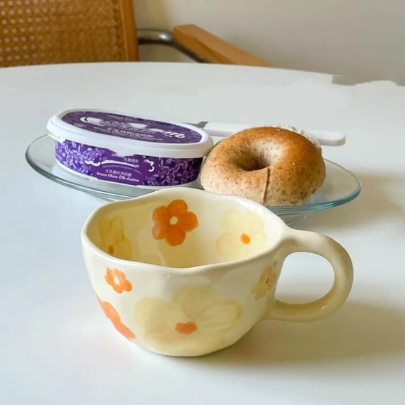 CHUNTIAN Ceramic Mugs Coffee Cups Hand Pinched Irregular Flower Milk Tea Cup ins korean style Oatmeal Breakfast Mug Drinkware Kitchen