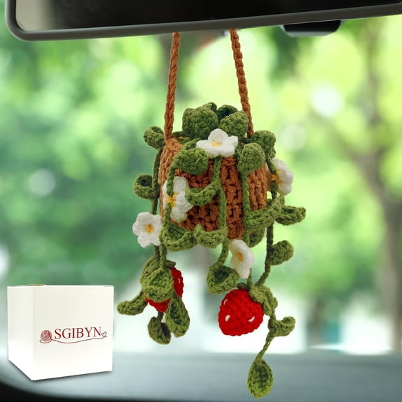 XiaoBanDeng Crochet Hanging Plant for Car,Car Decorations Interior,Plant Strawberry Aesthetic Car Accessories for Women Interior Cute,Car Ornaments Charms for Rear View Mirror,Boho Car Decoration