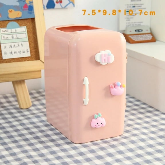 PTSPLLMY Cute Mini Fridge Pen Holder With Sticker Kawaii Plastic Creative Desk Organizer For Pens Makeup Brush Home Office Storage Box