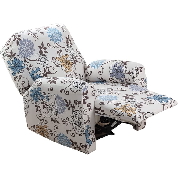 CHUNTIAN Floral Printed Recliner Cover with Pockets Single Reclining Slipcover 4-Pieces Lazy Boy Recliner Armchair Cover with Elastic Bottom for Recliner Furniture Protector for Kid Pet