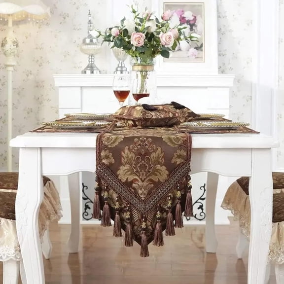 CHUNTIAN French Country Luxury Floral Pattern Table Runner with Beads Tassels Kitchen Decor Silk Blend Tea Table Table Runners (Beige,13" W x 89" L)