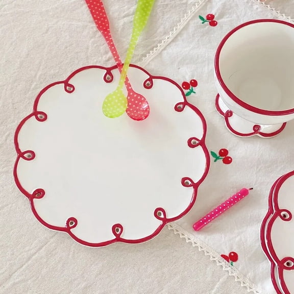 CHUNTIAN French Retro Nice Lace Embossed Ceramic Tableware Home Plate Fruit Plate Dessert Cake Plate
