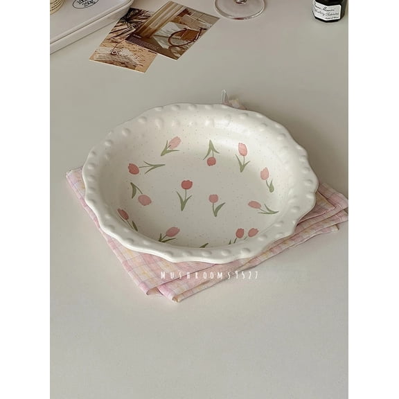 CHUNTIAN French Vintage Lace Underglaze Tulip Wave Bead Point Plate Household Vegetable Plate Delicate Dessert Cake Dinner Entree Plate