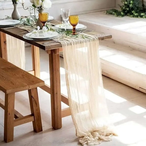 CHUNTIAN Gauze Table Runner,Cheesecloth Table Setting,Semi-Sheer Personalize Retro Boho Dining Vintage Wedding Decor Dinner Tablecloth