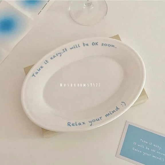 CHUNTIAN Korean Cream Blue Oval Ceramic Dessert Plate Original Breakfast Household High Value Champagne Juice Goblet
