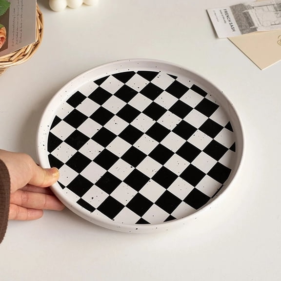PTSPLLMY Korean Simple Checkerboard Grid Ceramic Plate Cake Spaghetti Fruit Plate 8 Inch Home Dessert Black and White Grid Dinner Plate