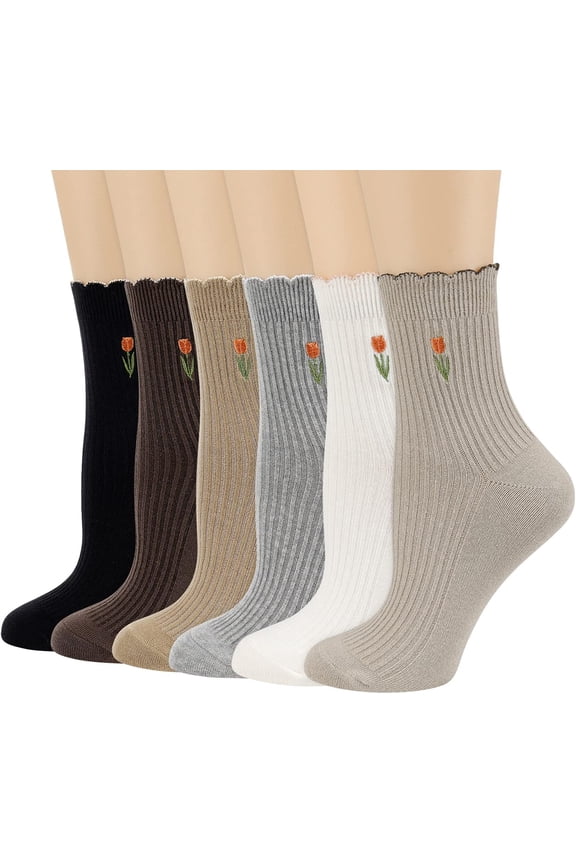 Mary Womens Socks,Casual Ruffle Ankle Socks Breathable Cool Knit Cotton Cute Crew Frilly Sock 6 Pack