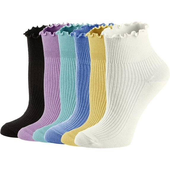 CHUNTIAN Mary Womens Socks, Ruffle Turn-Cuff Casual Ankle Socks Breathable Cool Knit Cotton Lettuce Crew Frilly Sock 6 Pack