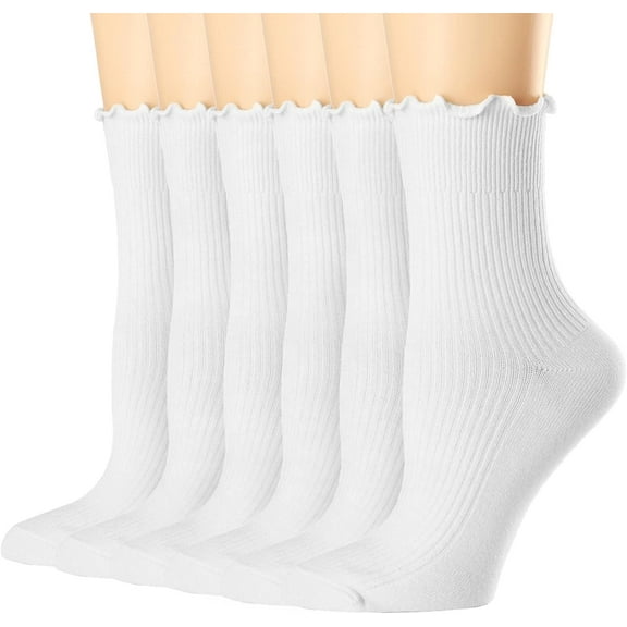 CHUNTIAN Mary Womens Socks, Ruffle Turn-Cuff Casual Crew Socks Breathable Cool Knit Cotton Lettuce Ankle Frilly Sock 6 Pack