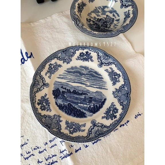 CHUNTIAN Mushrooms 9527 English Retro Blue Breakfast Dessert Plate Salad Bowl Pasta Plate Soup Bowl Steak Plate Home Tableware Set